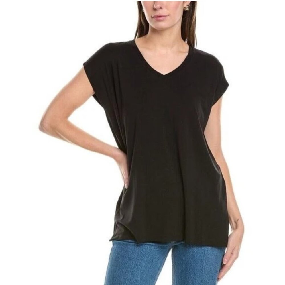 EILEEN FISHER Top, Black Solid Organic Cotton Jersey Knit Minimalist Casual, XXS